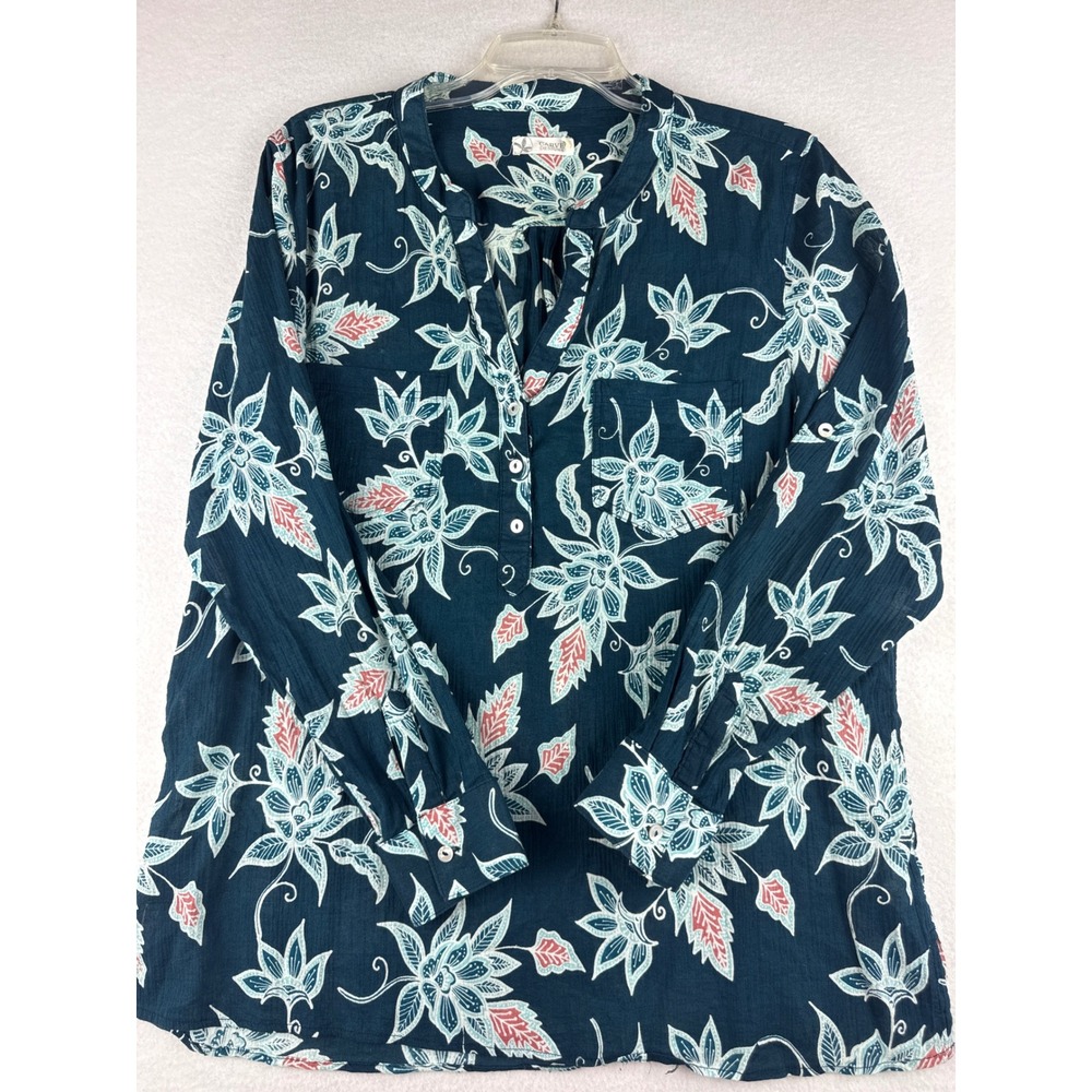 Carve Designs Organic Cotton Floral Henley Tunic Top Teal Blue Women Large